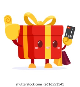 Red mystery gift box with a yellow ribbon Mascot is thumb up and hold credit card on white background. Shoping with reward concept. Vector illustration cartoon flat design.