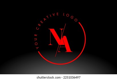 Red NA Letter Logo Design with Creative Intersected and Cutted Serif Font.