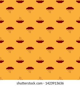 Red Nachos in plate icon isolated seamless pattern on brown background. Tortilla chips or nachos tortillas. Traditional mexican fast food. Vector Illustration
