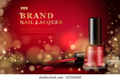 Red nail lacquer ads, glossy bottle with golden glittering particles on red background. 3D illustration.