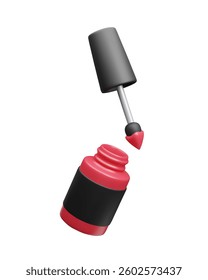 Red nail polish bottle with black label 3D vector illustration. Nail polish lacquer bottle with brush applicator manicure pedicure accessory. Beauty makeup cosmetic product 3D vector render design.