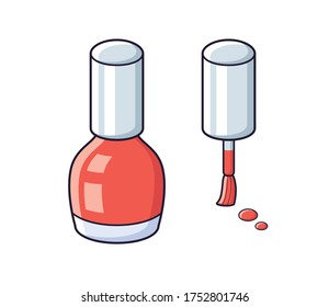 Red nail polish bottle and brush with drops isolated