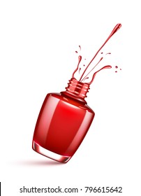 red nail polish bottle with splash isolated on white