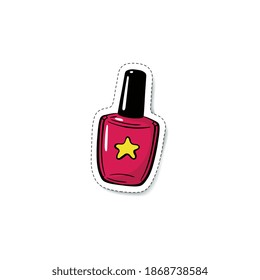 Red nail polish bottle with yellow star - cartoon doodle sticker isolated on white background. Simple drawing of beauty product for nails, flat vector illustration.