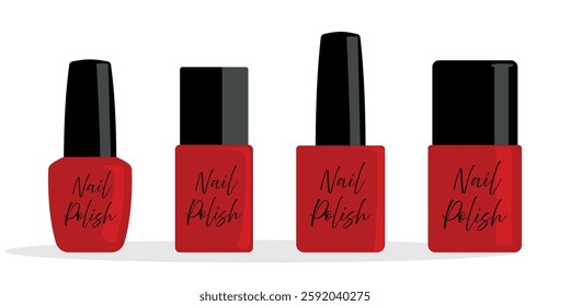 Red nail polish bottles, different shapes, black caps, glossy surface, beauty product, vector illustration.