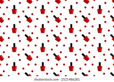 Fondo rojo del modelo de las botellas del esmalte de uñas con el confeti. Ilustración vectorial