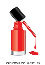 Esmalte rojo en botella transparente que pone la tapa de la botella en la parte superior y tiene una gota de sangre en el suelo.