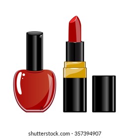 red nail Polish and lipstick on white background vector