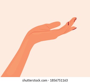 Manicura, esmalte de uñas rojas. Manos manipuladas Mano de mujer estirando la palma hacia arriba. Las mujeres tienen cuidado cosmético. Hermosa mano femenina especifica por gesto Vector ilustración plana aislada en fondo blanco