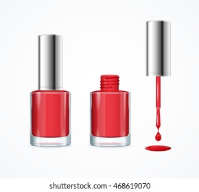 Polaco del Nail Rojo. Abierto, Botella Cerrada y Gota con Pincel. Ilustración del vector
