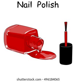 Red nail polish in open flagon and drop beside. Pop art. Isolated vector nail polish object. Hand drawing. Vector illustration.