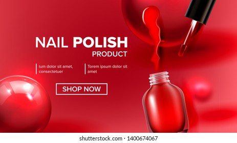 Red Nail Polish Product Vial Landing Page Vector. Glassy Bottle, Tassel, Bright Blot And Balls Depicted On Woman Nail Fashion Cosmetic Website Or Web Page. Realistic 3d Illustration