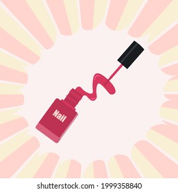 Red nail polish spilled from a bottle on a colored background. Vector illustration in pop art style.