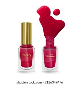 Red nail Polish spilled from the bottle.3D realistic detailed mockup. Beauty and cosmetics background. Vector illustration