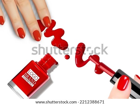 Red nail Polish spilled from the bottle.3D realistic detailed mockup. Beauty and cosmetics background. Use for advertising flyer, banner, leaflet. Template Vector