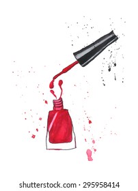 Red nail polish.Watercolor. Vector.