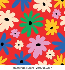 Red naive funny seamless pattern with cute flowers. Floral background