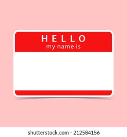 Red name tag blank sticker HELLO my name is. Rounded rectangular badge with gray drop shadow on color background. Vector illustration clip-art element for design saved in 10 eps