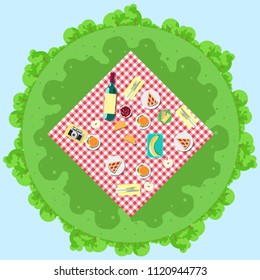 Red napkin picnic basket with food in the meadow. Around the summer forest. Vector EPS 10.