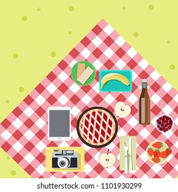 Red napkin, picnic basket and table place. Vector.