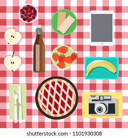 Red napkin, picnic basket and table place. Vector.