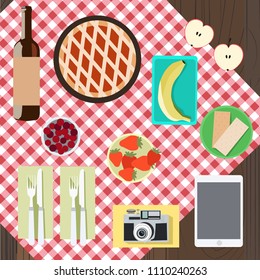 Red napkin picnic basket and table place. Food and wine. Vector. Eps 10.