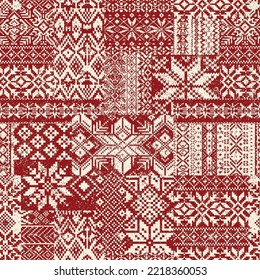 Red native American traditional fabric patchwork abstract vector seamless pattern grunge effect in separate layers