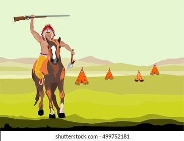 Red native indian on horse character, in colors vector landcape. vector illustration