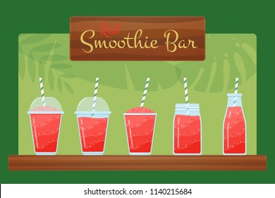 Red natural fruit smoothie vector set. Tasty flat illustration with fresh milkshake cocktails in glass, jar and bottle, with color straw on tropical leaves background for vegan diet summer graphic