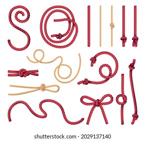 Red natural jute rope straight and curvy pieces with marine bowline butterfly knots realistic set vector illustration