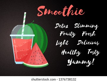 Red natural smoothie fruit shake vector illustration. Fresh vegetarian smoothies drink with red layers in glass with cup and straw. Raw watermelon fruit, sign Smoothie for summer fast food season menu