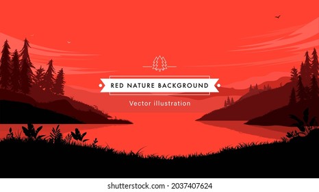 Red nature background - Landscape with forest lake, and bright sky in red colours, vector illustration.