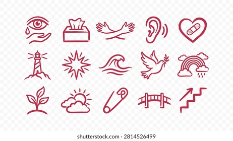 red nature lighthouse bridge rainbow flower sea coast landscape elements doodle handmade ink scribble flat line art vector illustration icon bundle set calligraphy drawing design