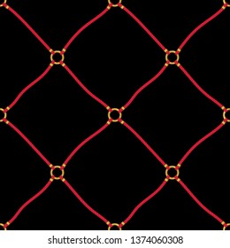 Red Nautical Ropes and Golden Chain Links Diagonal Diamond on Black Background Vector Seamless Pattern.Trendy Net Print