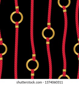 Red Nautical Ropes and Golden Chain Links Stripes on Black Background Vector Seamless Pattern.Trendy Marine Print