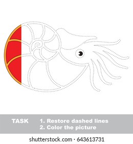 Red Nautilus. Dot to dot educational game for kids. Half tracing page.