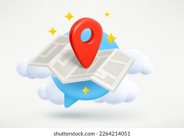 Red navigation pin on paper map. Travel concept. 3d vector illustration