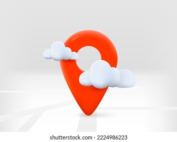 Red navigation pin with road map and clouds. 3d vector isolated illustration