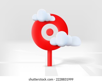 Red navigation pin with road map and clouds. 3d vector isolated illustration