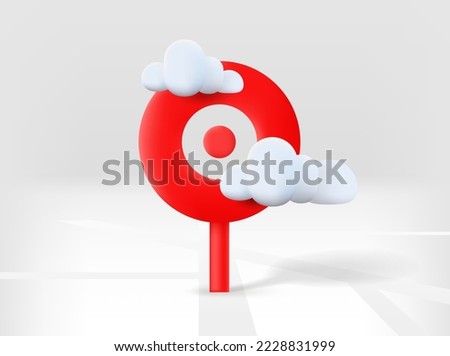 Red navigation pin with road map and clouds. 3d vector isolated illustration