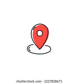 Red navigation web map pointer hand drawn icon. Doodle sign for destination direction and gps design with given route and info vector positioning