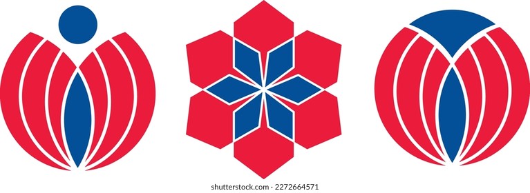 Red and navy blue logo set. Geometric patterns with human abstraction and global symbol.