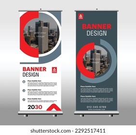 Red, Navy blue Standee Design. Banner Template. Business Roll-Up Set. Abstract Blue Geometric Triangle Background vector, flyer, presentation, leaflet, j-flag, x-stand, x-banner, exhibition display. 
