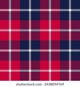 Red, navy blue and white color striped lines tartan check seamless plaid pattern background for textile design, napkin, handkerchief, blanket, cover, tablecloth. EPS 10 vector illustration.