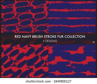 Red Navy Brush stroke fur collection includes 4 design swatches for fashion prints, homeware, graphics, backgrounds