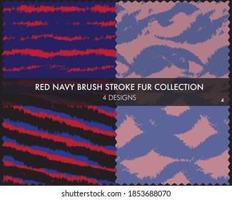 Red Navy Brush stroke fur collection includes 4 design swatches for fashion prints, homeware, graphics, backgrounds