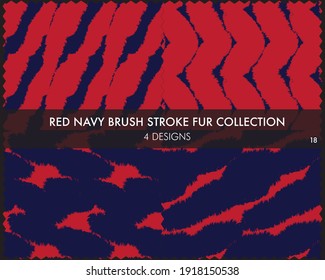 Red Navy Brush stroke fur collection includes 4 design swatches for fashion prints, homeware, graphics, backgrounds
