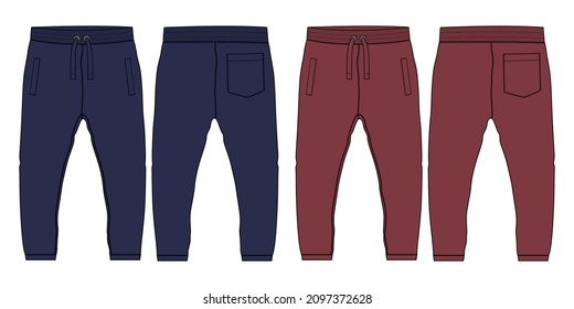 Red and navy color Basic Sweat pants technical fashion flat sketch template front and back views. Apparel Fleece Cotton jogger pants vector illustration drawing mock up for kids and boys. 