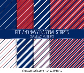red and navy diagonal stripes, seamless patterns set