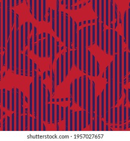 Red Navy Floral tropical botanical seamless pattern with striped background for fashion textiles and graphics